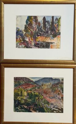 deux tableaux encadrés représentant un paysage avec des arbres et une montagne