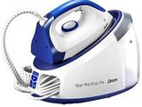 a close up of a white and blue steam iron on a white background