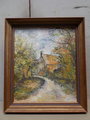 an oil painting of a country road with a house in the background