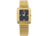 an image of a gold plated wrist watch with a black dial