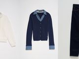 three pairs of jeans and a cardigan sweater are displayed on a white background