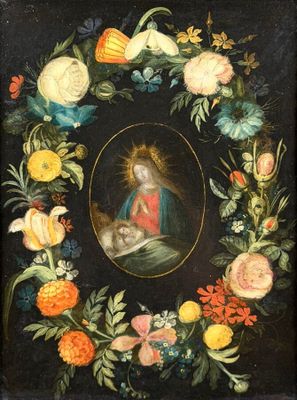 a painting of a wreath of flowers with an image of the virgin and child in the center