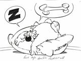 dessin représentant un ours en peluche assis sur un oreiller, avec un skateboard en arrière-plan