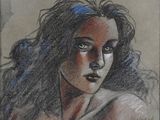 painting of a woman with long hair and blue eyes