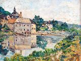 an oil painting of a painting of a river with buildings in the background