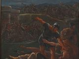 tableau représentant un homme à cheval attaqué par un groupe d'hommes