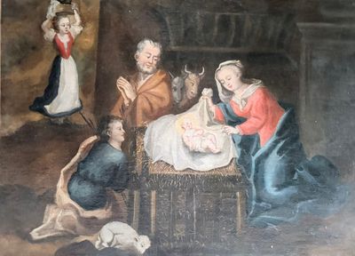 une image représentant une peinture d'une crèche avec une scène de la Nativité