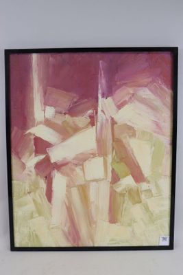 painting on the wall of a living room with a couch and a table
