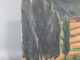 an oil painting of a landscape with trees and hills in the background
