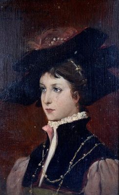 portrait of a lady in a black hat and pink dress