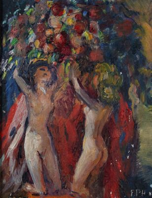 tableau représentant deux nus avec des fleurs dans un vase posé sur une table