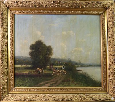 une image représentant un tableau représentant un paysage avec des chevaux et un homme