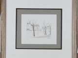 drawing of a park scene with a bench and trees in the background