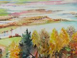 a watercolor painting of a view of a lake and trees