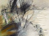 dessin représentant un paysage avec des arbres et une rivière au loin