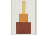 an abstract painting with orange, yellow, and brown blocks