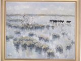 painting of a herd of cattle walking across a snow covered field