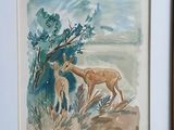 a picture of a painting of a deer and a fawn