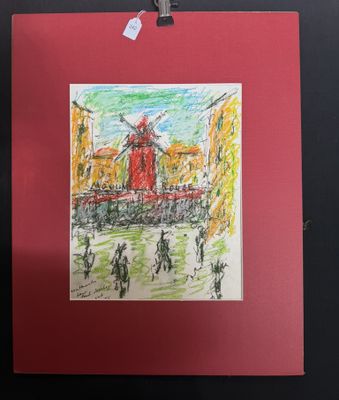 drawing of a windmill in a city with people walking around it