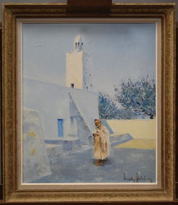 un tableau représentant un homme debout devant un bâtiment