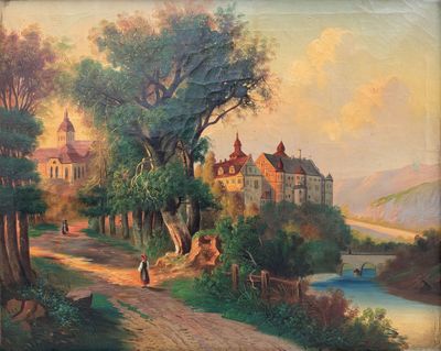 tableau représentant un tableau d'une route de campagne avec un château en arrière-plan