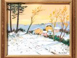 an oil painting of a snowy landscape with a house and trees