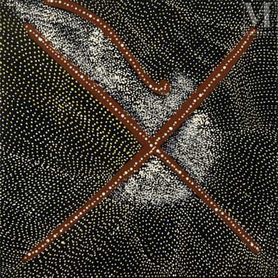 une image représentant une peinture en noir et blanc sur laquelle figure une croix rouge