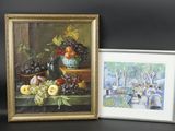 Deux tableaux représentant des fruits sont exposés côte à côte sur une table.