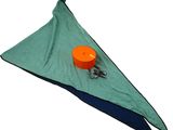 a blue and green umbrella with a orange object on it