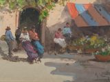 une peinture à l'huile représentant un groupe de personnes marchant dans une rue