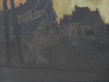 a picture of a painting of a city at sunset