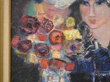 a painting of a woman with a hat and flowers in a vase