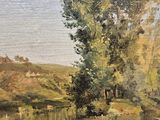 an oil painting of a river scene with a boat in the water