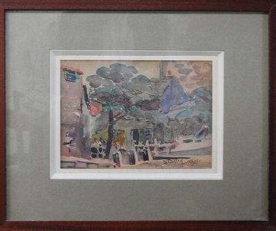 aquarelle encadrée représentant une scène de rue avec un cheval et une calèche