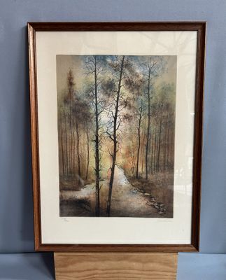 Aquarelle en technique mixte Figurant un sentier de forêt