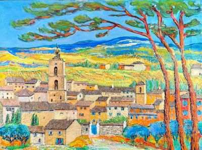 tableau représentant un village avec une église et des arbres