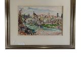 aquarelle encadrée représentant un paysage avec une église au loin
