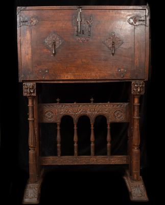 an old wooden table with a drawer on top of it
