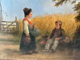a painting of a boy and a girl sitting in a field