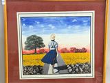 painting of a woman in a blue dress and hat walking down a road