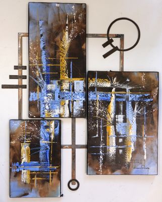 painting on the wall of a room with a clock and paintings on the wall