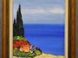 an oil painting of a hill with a tree and ocean in the background
