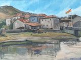 un tableau représentant une petite ville au bord de l'eau