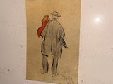 un dessin représentant un homme avec une écharpe rouge accroché au mur