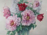 a painting of flowers in a vase on a table