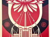 a red and black poster with a large flower on it