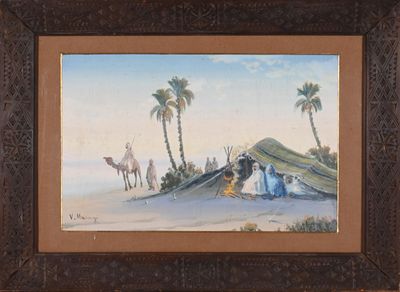 painting of a desert scene with camels and people in the foreground