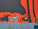 a painting of a group of people riding horses