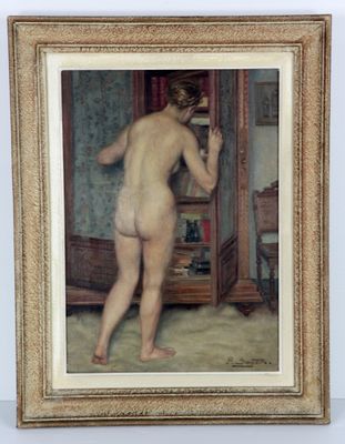 tableau représentant une femme nue debout devant un miroir dans une pièce