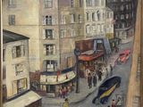 painting of a city street scene with people walking down the street